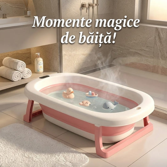 Cădiță Bebe Pliabilă cu Termometru și Pernă Siguranță, Roz - 2