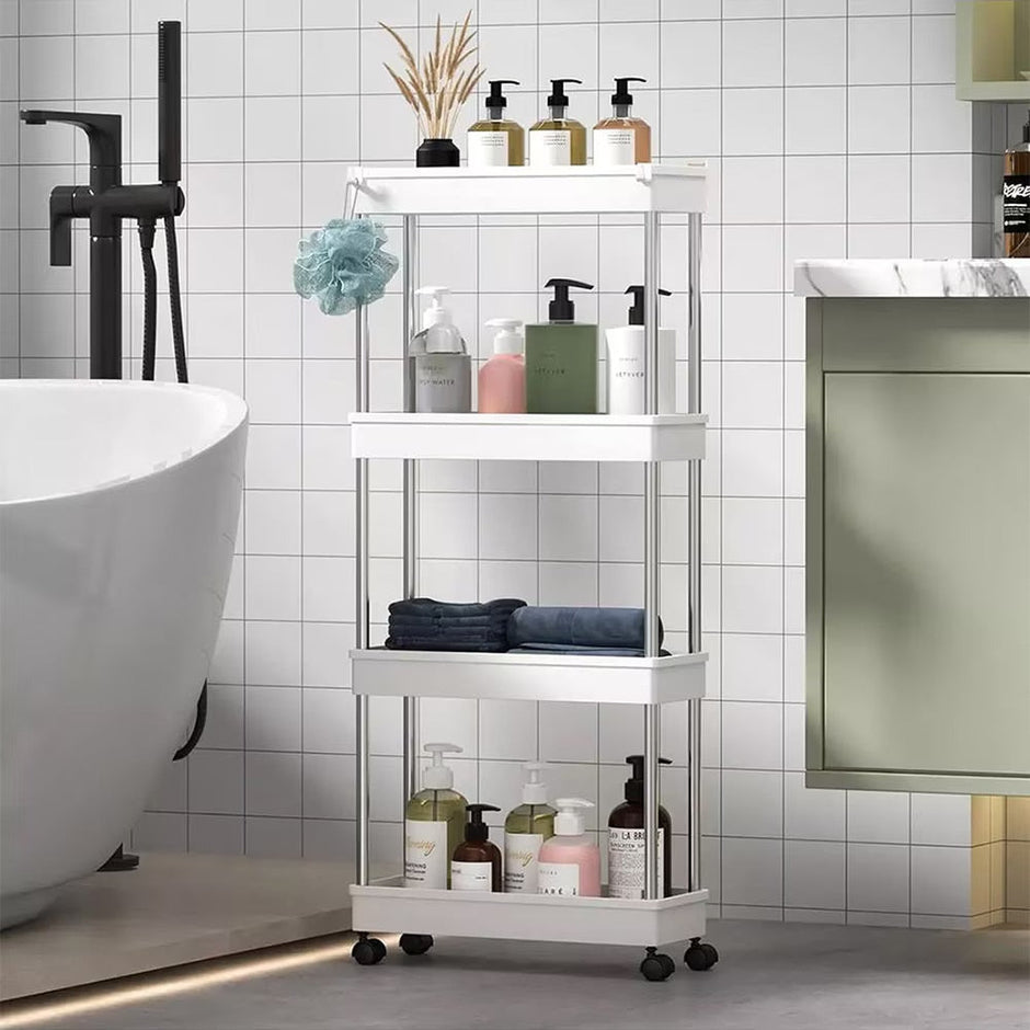 Etajeră Slim Mobilă cu 4 Rafturi pentru Baie și Bucătărie, Alb