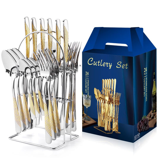 Set Tacâmuri din Inox 24 Piese cu Suport Organizator și Cutie Cadou - 1