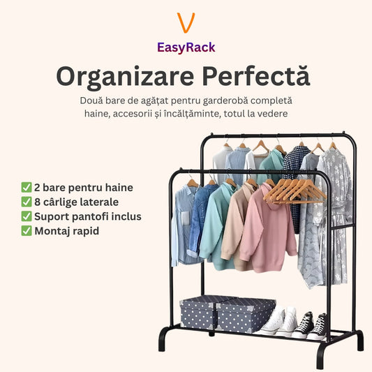 Suport Haine Metalic cu 2 Bare, 50kg, 150x110 cm, Negru - 2