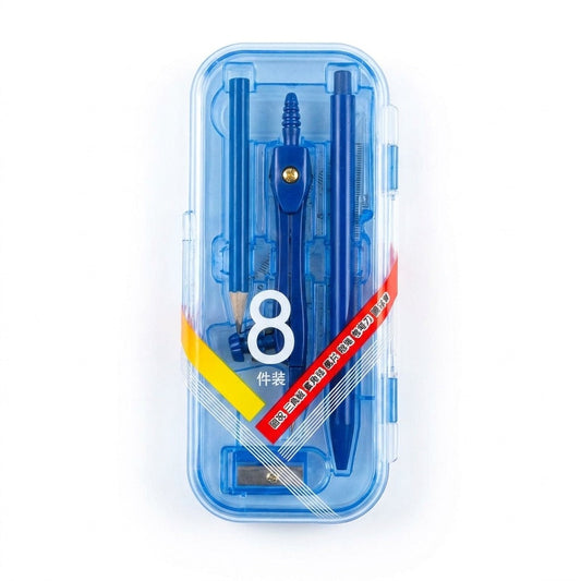 Trusa de compas 8 piese, cutie albastra transparenta — 1 bucata
