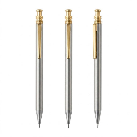 Set 3 creioane mecanice metalice, corp argintiu cu accesorii aurii