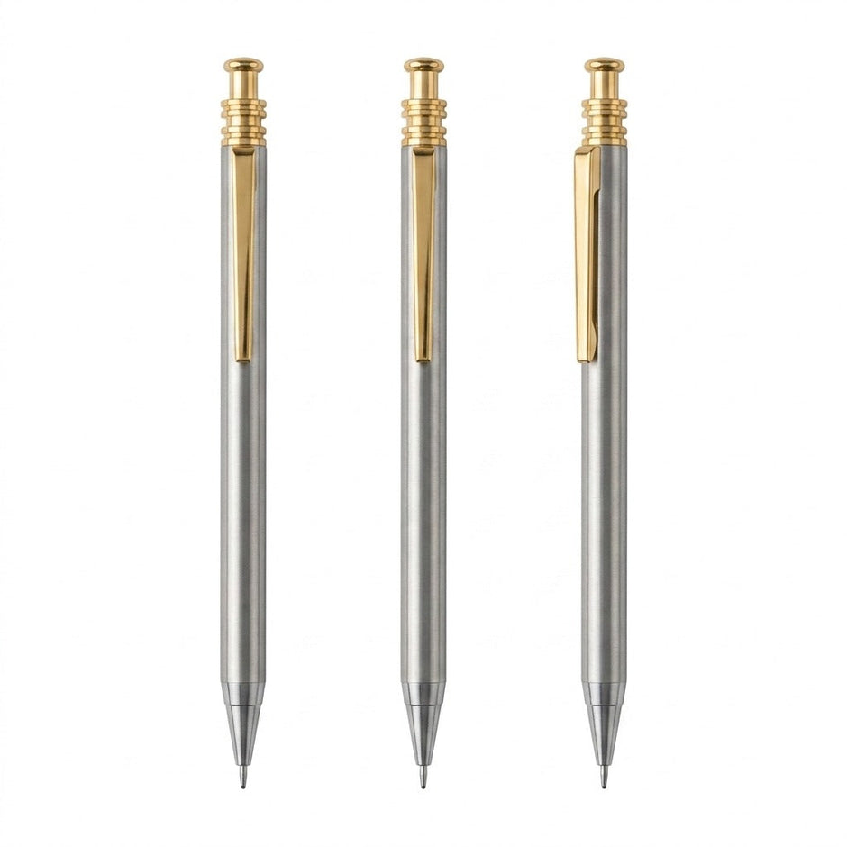 Set 3 creioane mecanice metalice, corp argintiu cu accesorii aurii