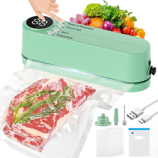 Aparat de vidat și sigilat alimente portabil, USB, 5 pungi incluse (Verde) - 1