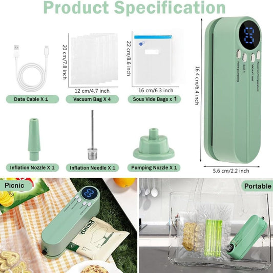 Aparat de vidat și sigilat alimente portabil, USB, 5 pungi incluse (Verde) - 2