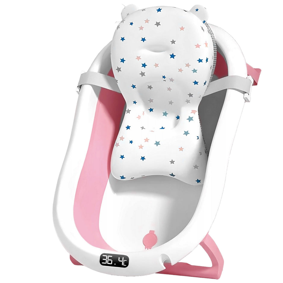 Cădiță Bebe Pliabilă cu Termometru și Pernă Siguranță, Roz - 1