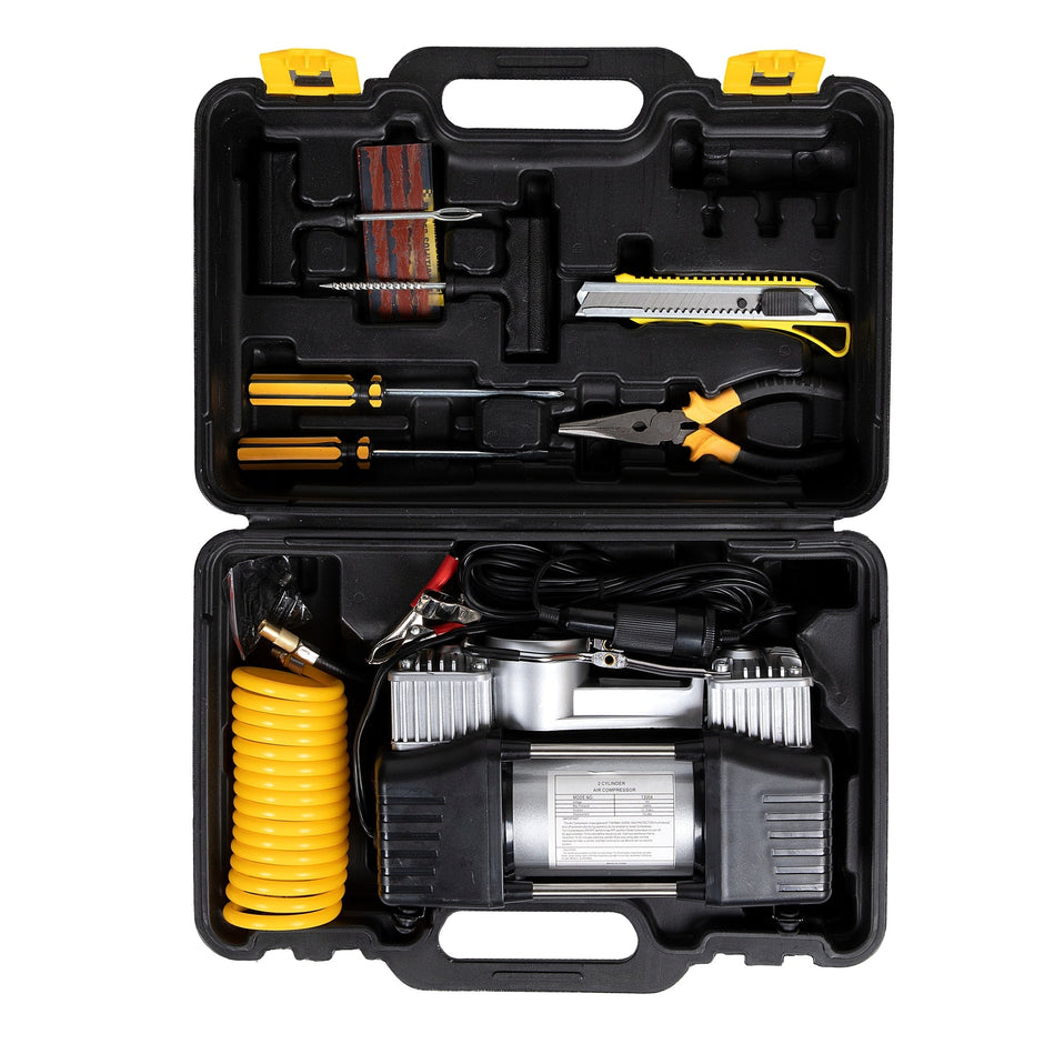 Compresor Auto 2 Cilindri cu Valiză + Kit Reparație Pană Inclus - 1