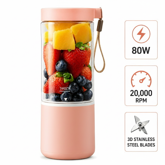 Mini Blender Electric Portabil 80W, Acumulator 4000 mAh, Roz, 420ml