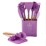 Set 11 Ustensile de Gătit din Silicon și Lemn, cu Suport, Violet - 1