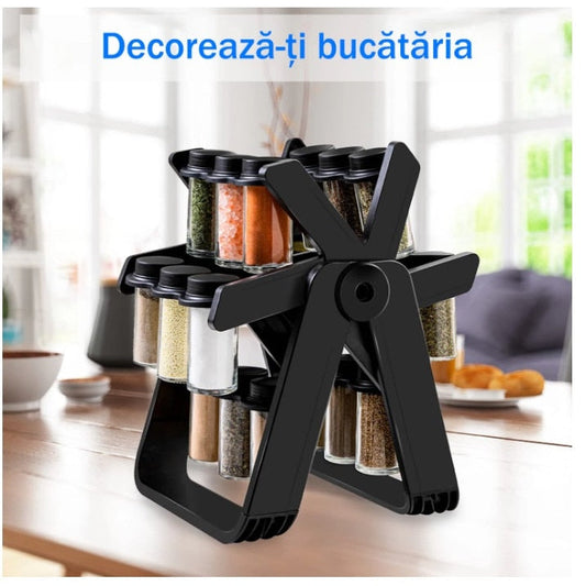 Set 18 Recipiente Condimente cu Suport Rotativ 360°, Negru - 2