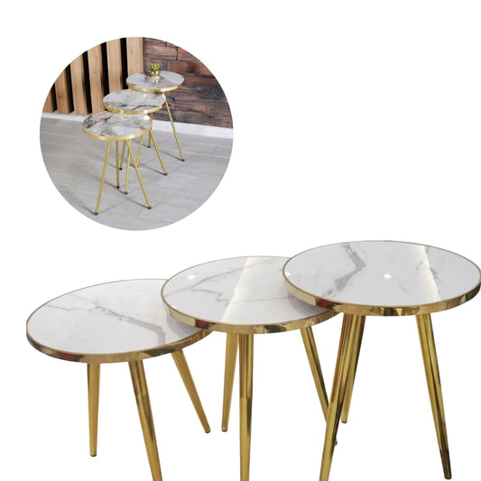 Set 3 Măsuțe Cafea Rotunde Nesting, Efect Marmură și Cadru Auriu - 1