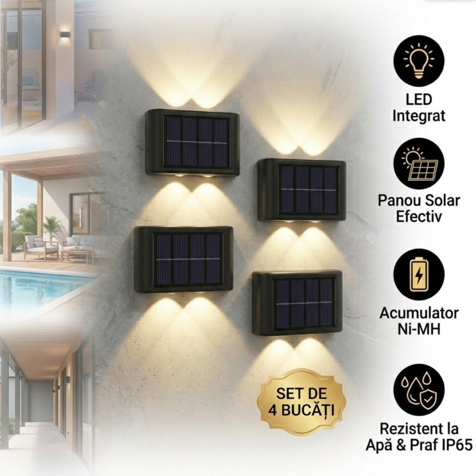 Set 4 Aplice Solare de Perete, Lumină Caldă Up-Down, IP65, Negru - 1