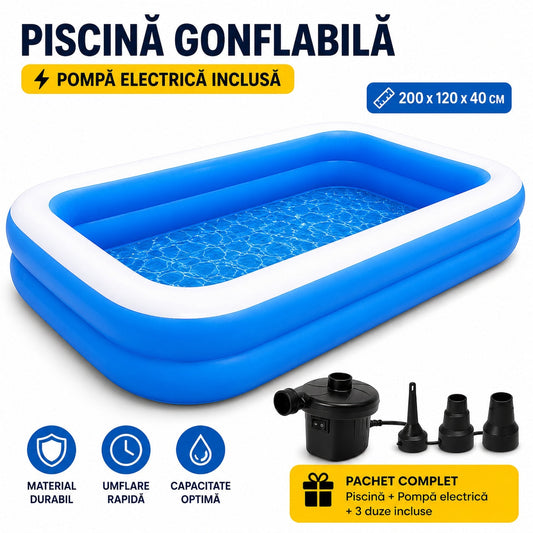 Set Piscină Gonflabilă de Familie 200x120 cm + Pompă Electrică Inclusă - 2