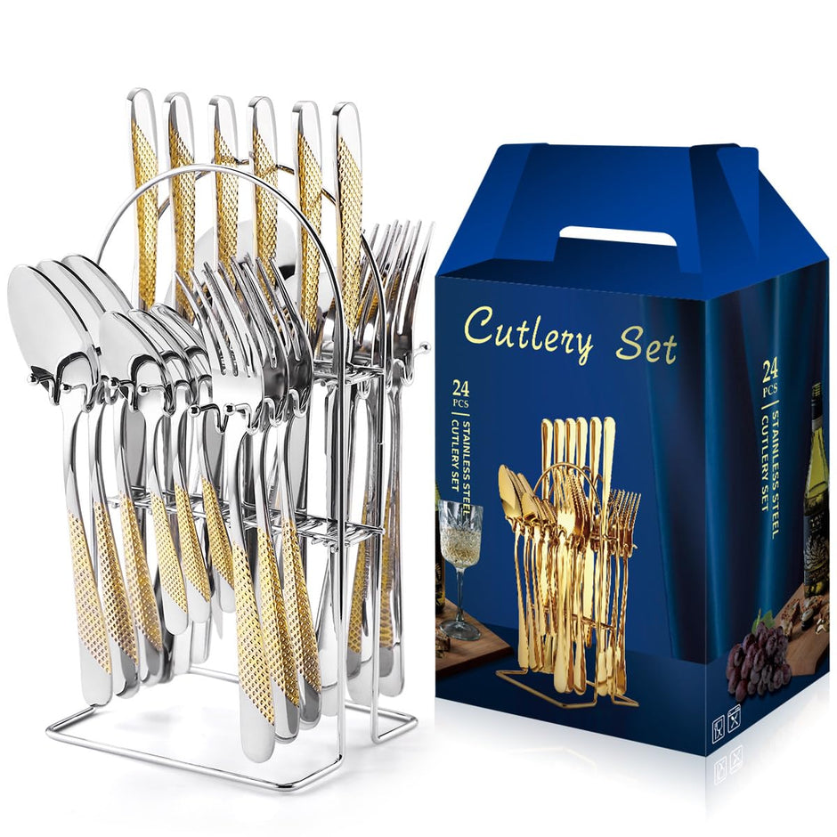 Set Tacâmuri din Inox 24 Piese cu Suport Organizator și Cutie Cadou - 1