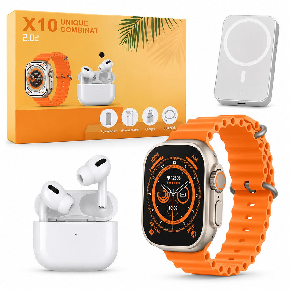 Smartwatch cu Apel Bluetooth și NFC, Pachet Combo 3-în-1 (Cască + Baterie), Portocaliu - 1