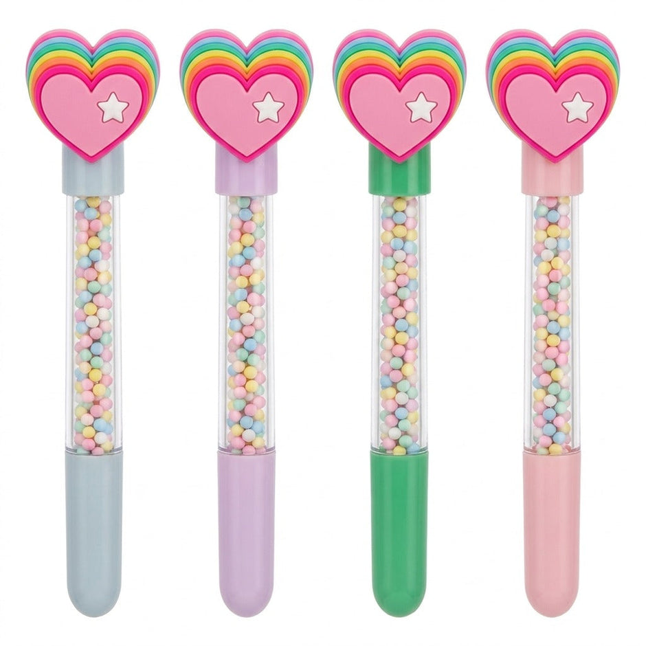 Set 4 pixuri cu inima curcubeu si tub cu bilute